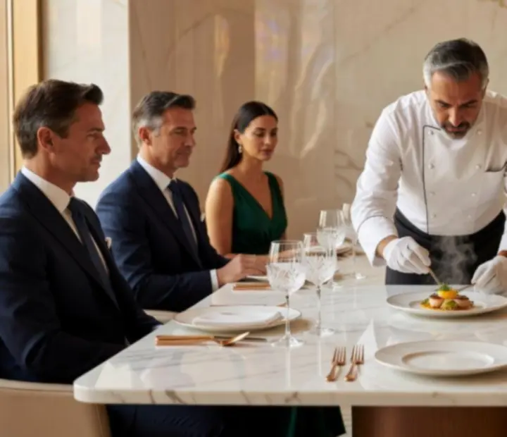 Chef's Table vacsora elegáns tányérokkal és gourmet fogásokkal