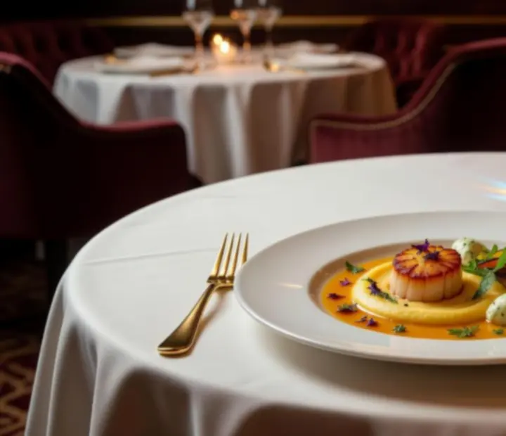 Elegánsan megterített gourmet asztal, gyertyafényben tálalt fine dining fogásokkal