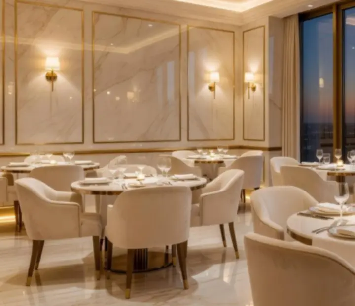 Venso Riaa VIP lounge elegáns belső tere gyertyafényes asztalokkal